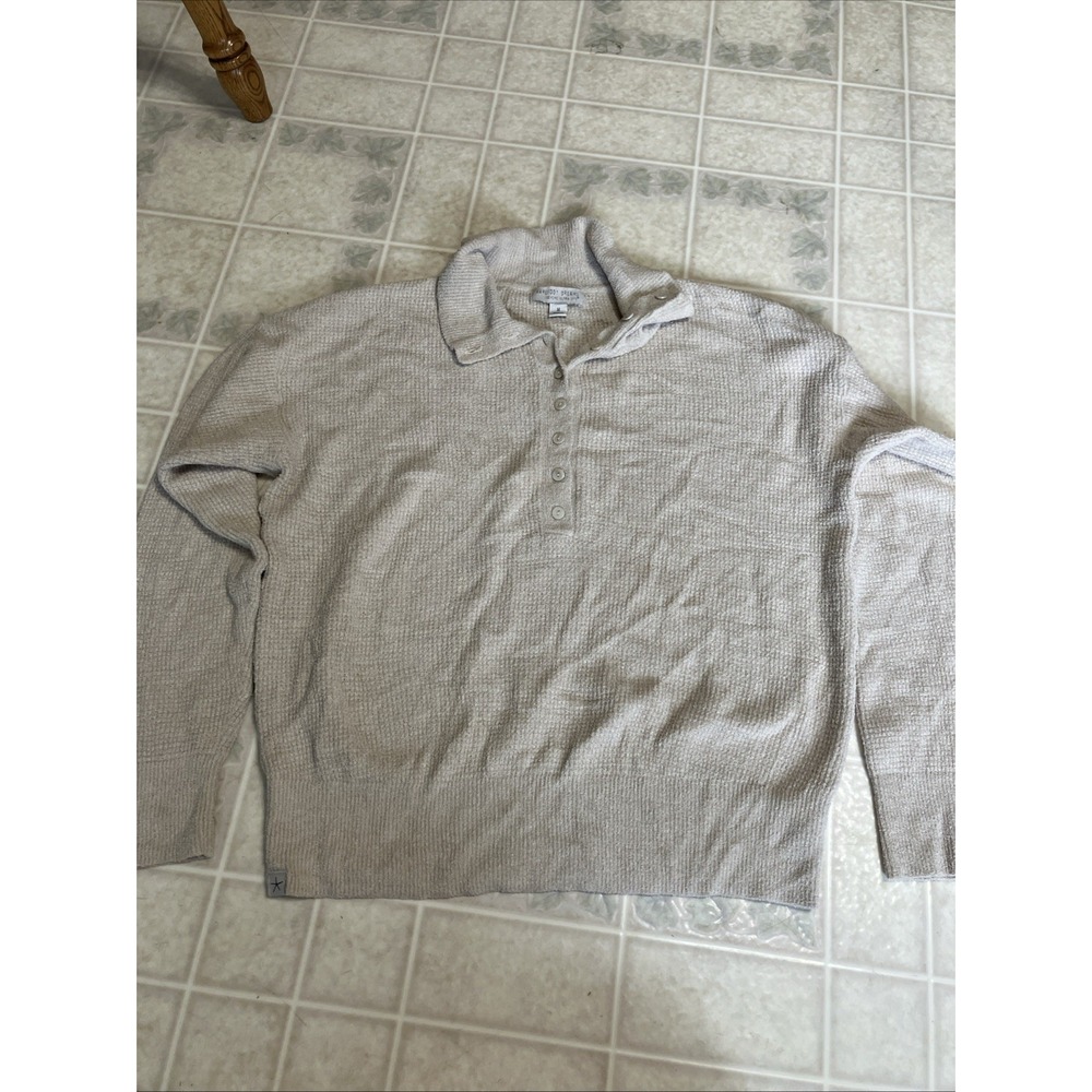 Barefoot Dreams CozyChic Polo Sweater  Medium Taupe Soft Knit Capsule neutral